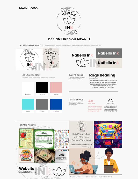 Brand style guide with logos, color palette, fonts, and brand assets for Your business.