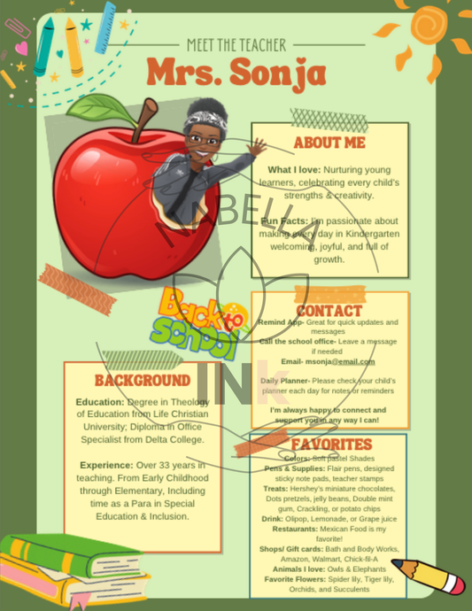 Welcome letter to kindergarten class with colorful graphics and text on a green background. option of using your Bitmoji or an actual image of yourself.