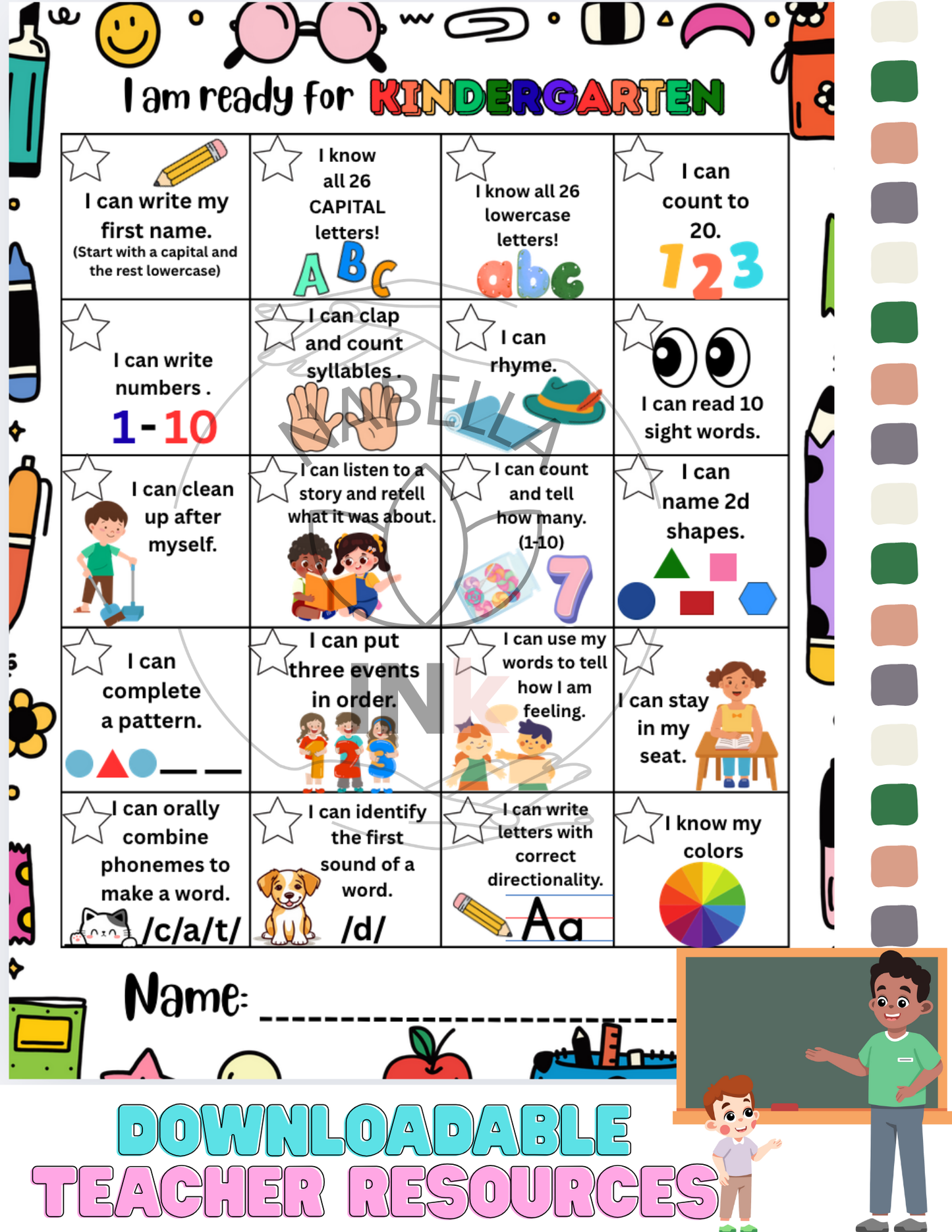 Kindergarten readiness checklist with colorful illustrations and text, featuring a color swatch on the right.