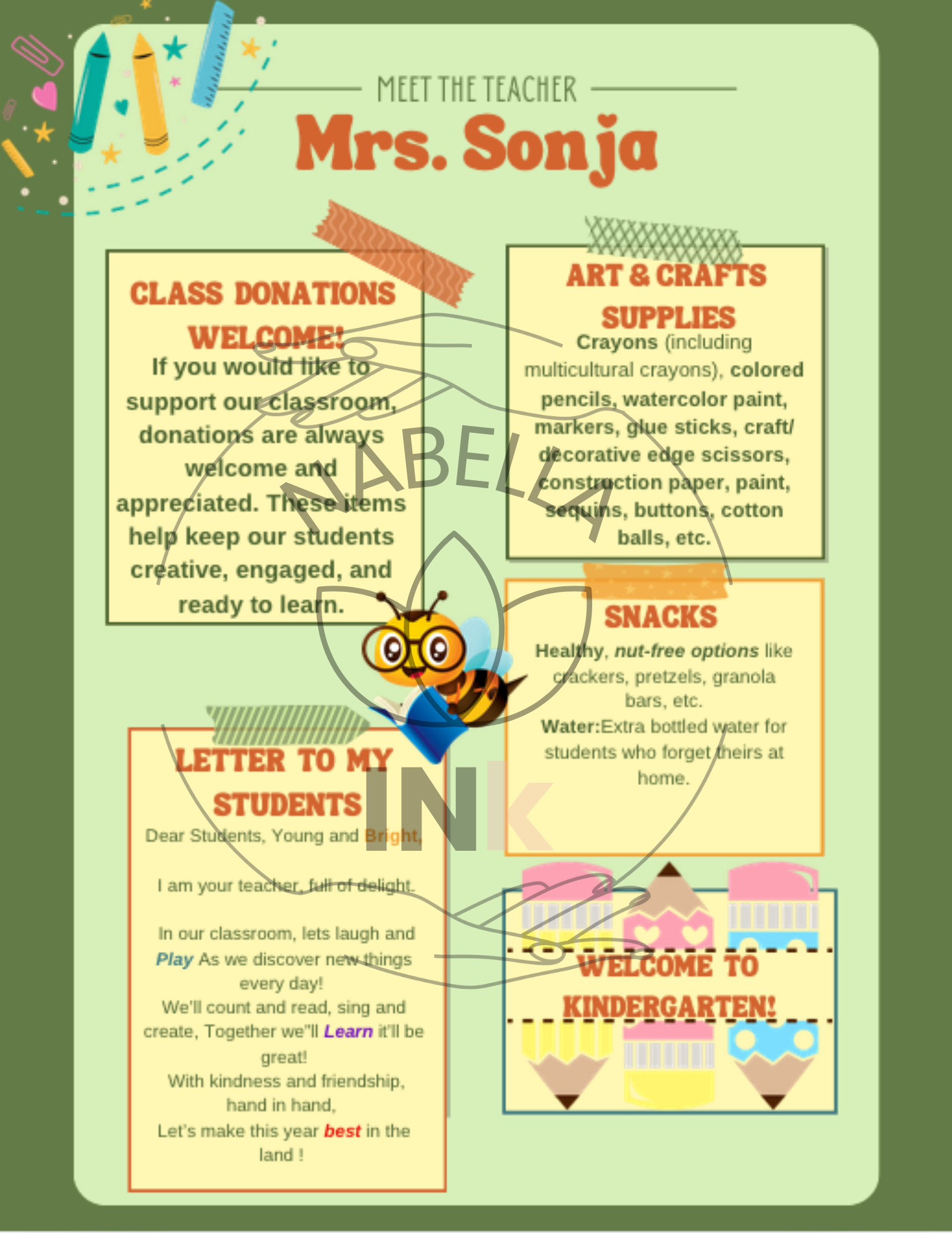 Welcome letter to kindergarten class with colorful graphics and text on a green background
