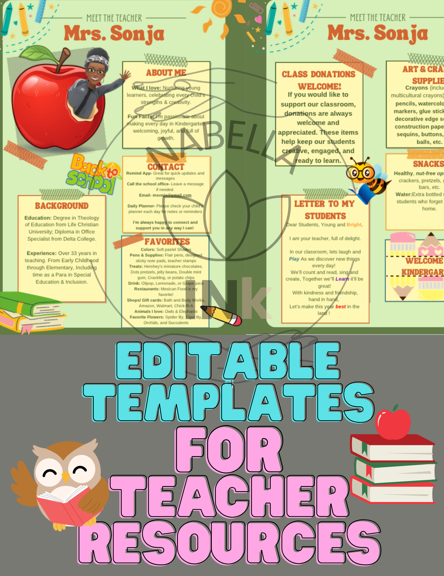 Teacher resource templates with colorful design elements on a gray background