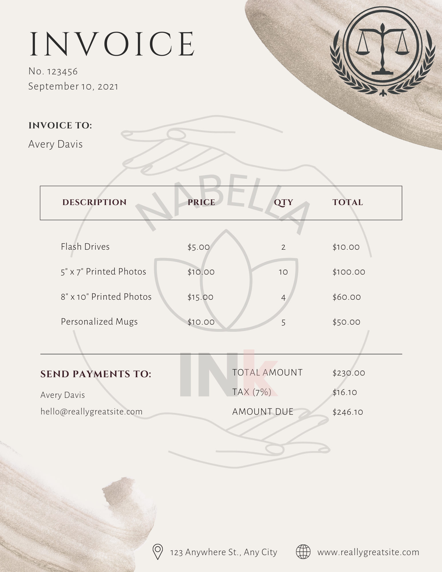 Invoice for Your business with product details and totals, featuring a logo at the top.